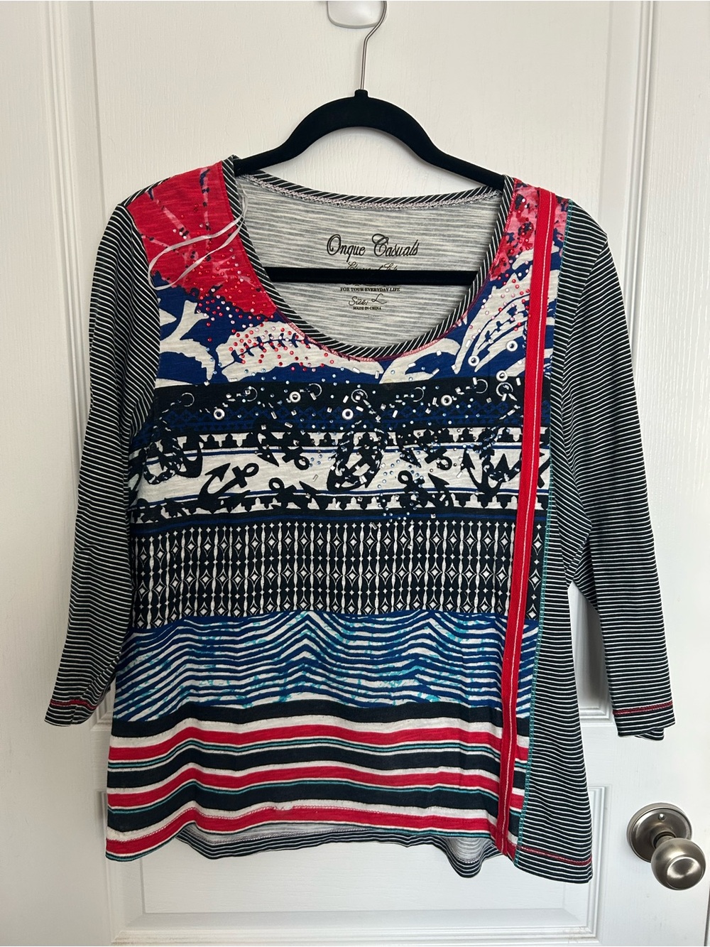 Onque Casuals Multicolor Striped & Patterned Long Sleeve Top - Red, Blue, Black